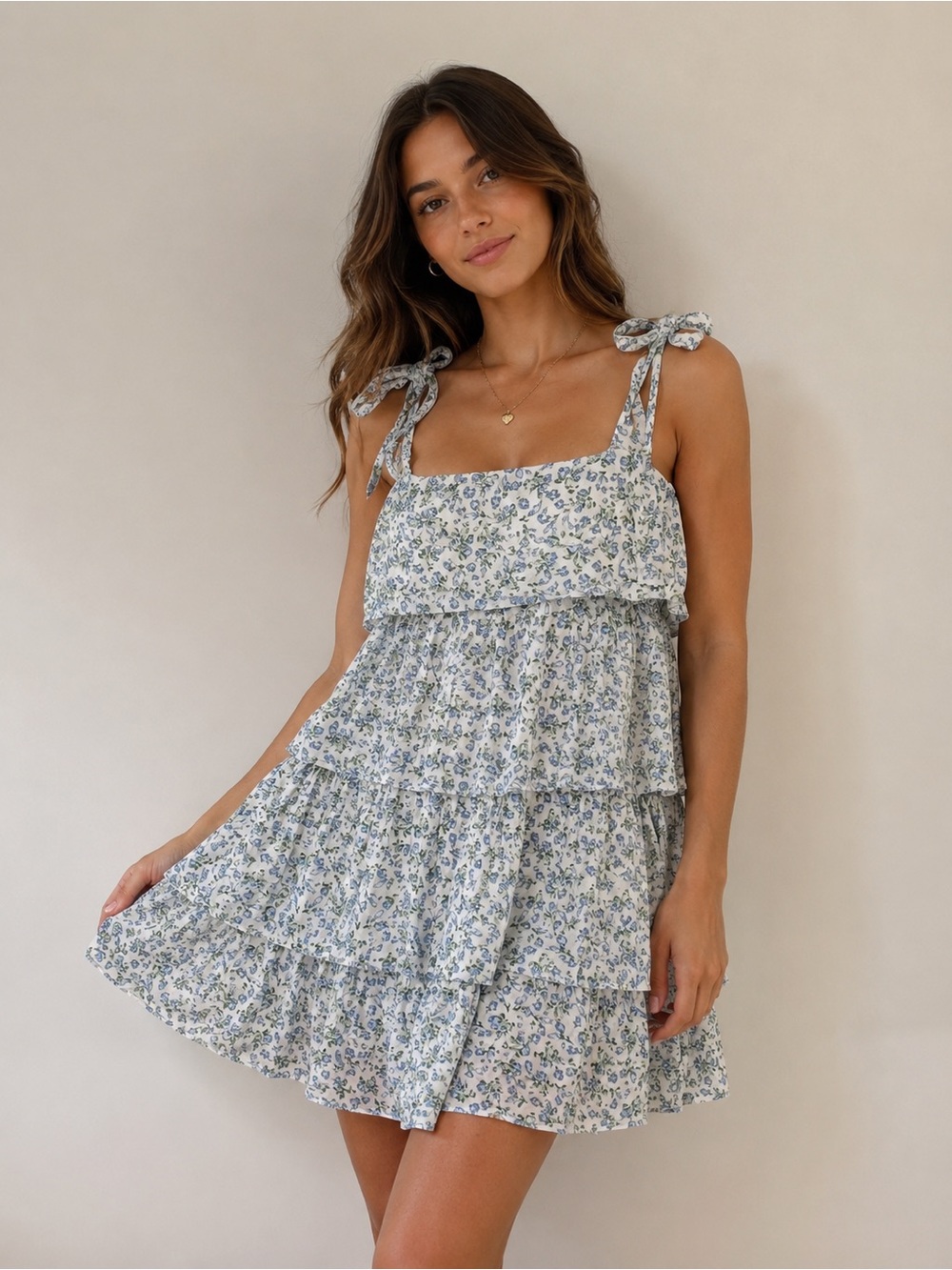 Storia Blue Floral Tiered Mini Dress Size Small Cotton‎ Cottagecore
